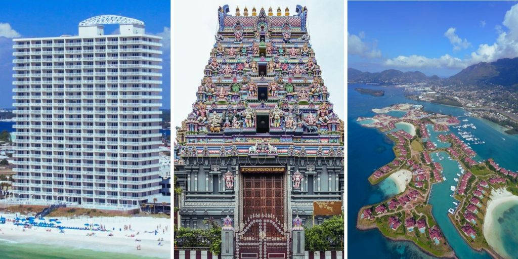 The image is a collage of buildings featuring the Seychelles Hindu Kovil Sangam.